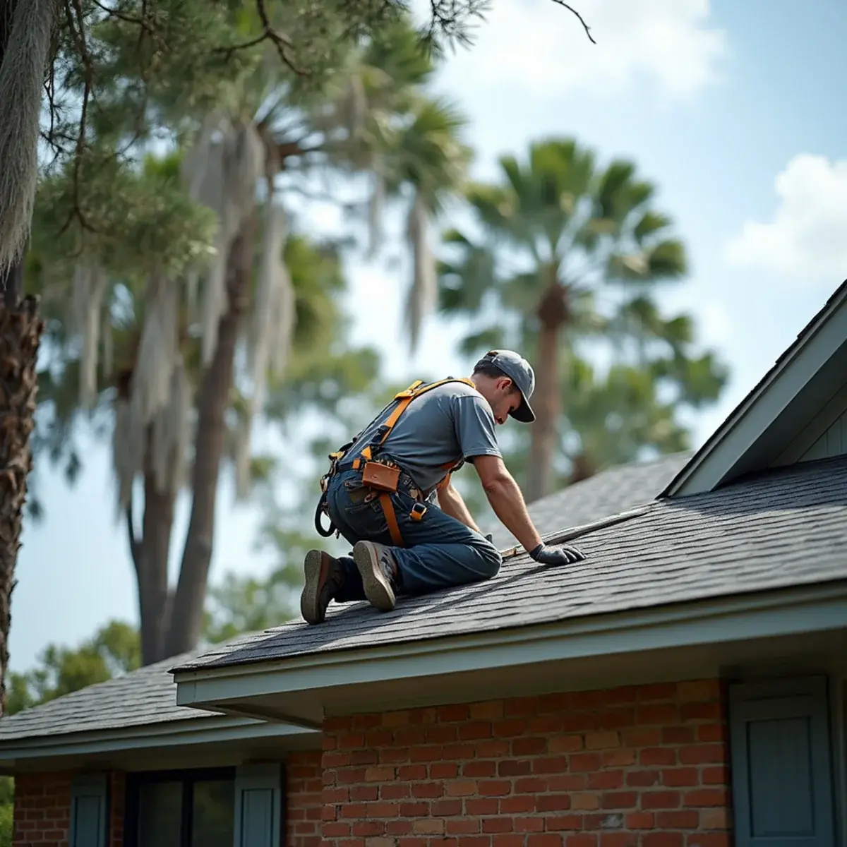 Roofer replacing wind-damaged architectural shingles on a Milton, FL home with tall pines behind it